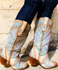 Alig Tannery Retro Cowgirl — Wide Western Boots In White Sequined Leather
