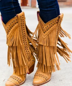 Alig Tannery New Arrivals All Around The Fringe — Cowgirl Boots With Fringe In Tan Leather