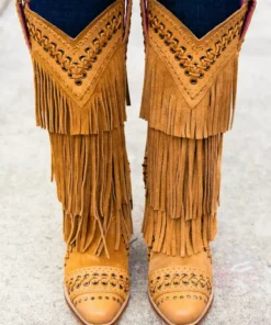 Alig Tannery All Around The Fringe — Wide Calf Western Fringe Boots In Tan Leather