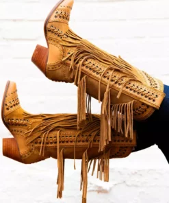 Alig Tannery All Around The Fringe — Wide Calf Western Fringe Boots In Tan Leather