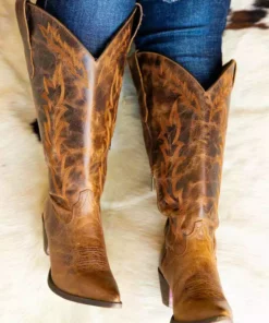 Prachi Leather Stella Mae — Wide Classic Leather Cowgirl Boots In Brown New Arrivals