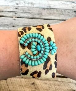 Southern Grace New Arrivals All Wrapped Up Leopard Suede Cuff With Turquoise Stone Squash Blossom