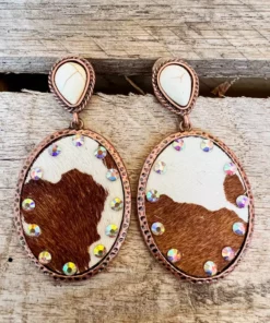 Southern Grace Brown Cowhide Crystal Oval Drop Earrings New Arrivals