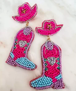 Treasure Jewels, Inc. Giddy Up Heart Pink Beaded Boot Earrings