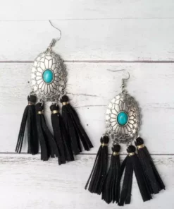 Southern Grace Cowgirl Turquoise Black Tassels Earrings