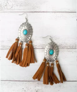 Southern Grace Cowgirl Turquoise Concho Brown Dangle Tassel Earrings