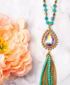 Southern Grace New Arrivals Shine So Bright Iridescent Oval Gold Crystal Turquoise Beaded Necklace