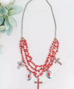 Southern Grace Red Beaded Necklace With Silver & Copper Crosses