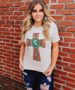 Miss Mud Pie Aztec Cross And Turquoise Stone Tee - Cream