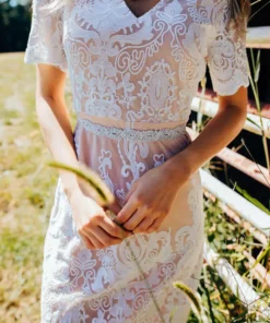 D & J Industries Bridal White Lace Dress With Tan Lining