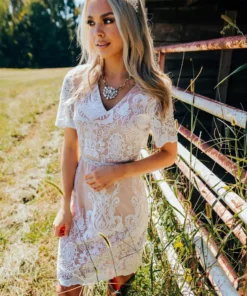 D & J Industries Bridal White Lace Dress With Tan Lining