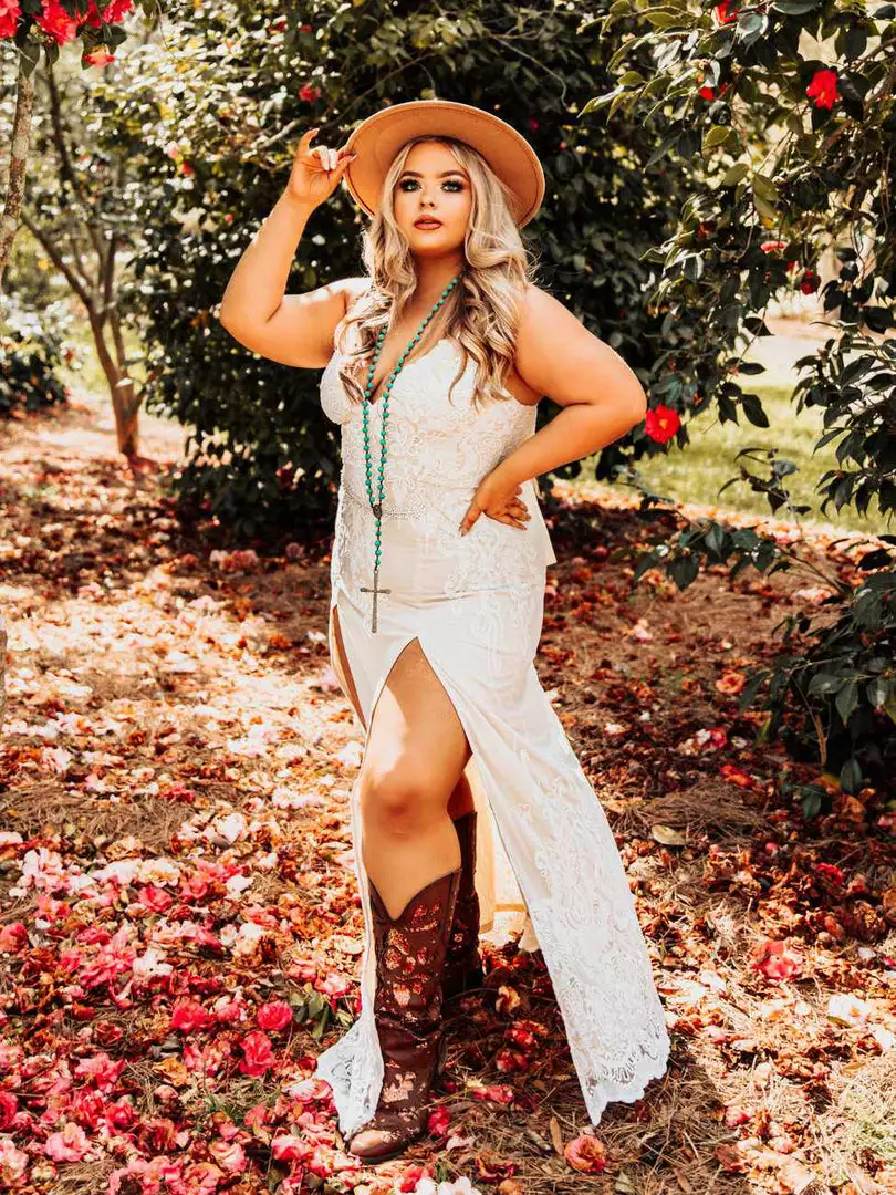 D & J Industries Champagne Maxi Dress With Lace