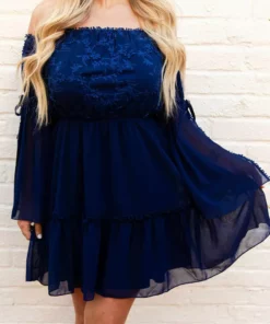 D & J Industries Cheerful Wishes — Off The Shoulder Dress In Navy Blue Clothing