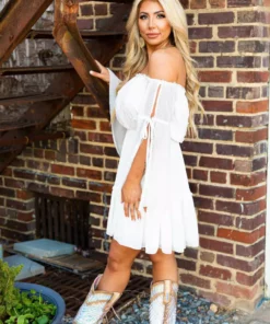 D & J Industries Cheerful Wishes - Boho Off The Shoulder Dress In White Bridal