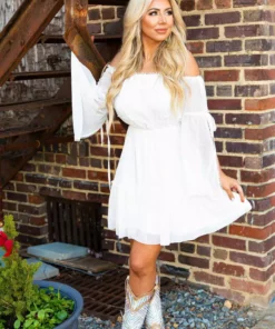 D & J Industries Cheerful Wishes - Boho Off The Shoulder Dress In White Bridal