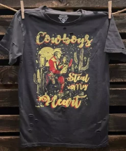 Country Deep Cowboys Steal My Heart Distressed Tee Clothing