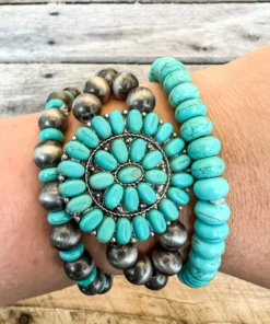 Southern Grace She Is My Rock Turquoise Squash Blossom Navajo Pearls Bracelet Set New Arrivals