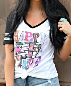 Bling-A-Gogo Happy Camper Raglan Short Sleeve Tee By Bling-a-Go-Go Tees