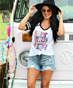 Bling-A-Gogo Happy Camper Raglan Short Sleeve Tee By Bling-a-Go-Go Tees