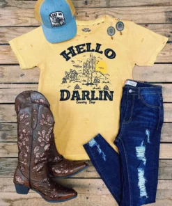 Country Deep Hello Darlin Distressed Mustard Tee Tees