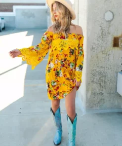 D & J Industries Lace Talk About It Tunic Dress - Mustard Floral