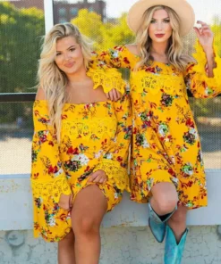 D & J Industries Lace Talk About It Tunic Dress - Mustard Floral