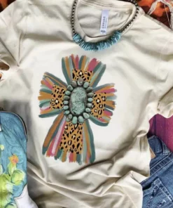 Miss Mud Pie Tees Leopard Cross With Turquoise Stone Tee - Cream