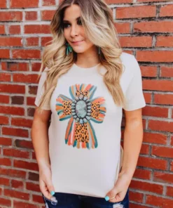 Miss Mud Pie Tees Leopard Cross With Turquoise Stone Tee - Cream