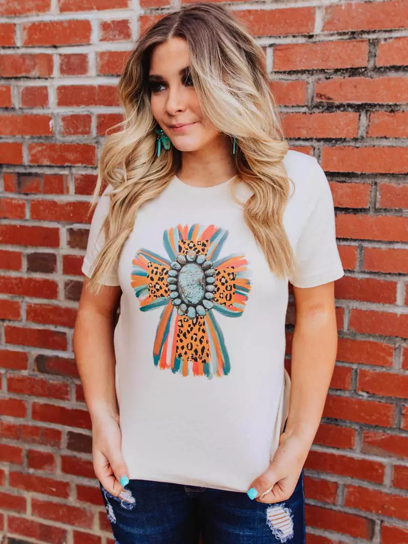 Miss Mud Pie Tees Leopard Cross With Turquoise Stone Tee - Cream