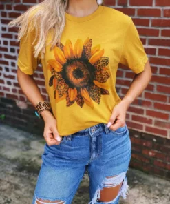 Miss Mud Pie Tees Leopard Sunflower Tee - Mustard