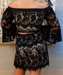 D & J Industries Clothing Locked In Lace Off Shoulder Dress - Black With Neutral Lining
