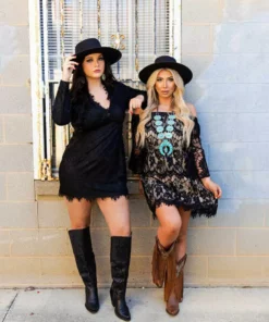 D & J Industries Clothing Locked In Lace Off Shoulder Dress - Black With Neutral Lining