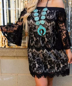 D & J Industries Clothing Locked In Lace Off Shoulder Dress - Black With Neutral Lining