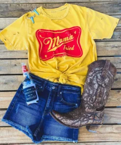 Country Deep Mama Tried Distressed Tee - Mustard Tees