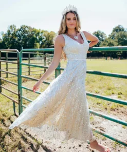 D & J Industries Maxi Champagne Sequin Dress