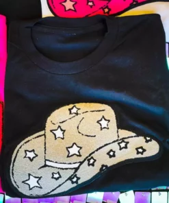 Bling-A-Gogo Cowgirl Star Patch T-shirt - Black Clothing