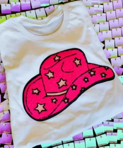 Bling-A-Gogo Summer Fried Swimwear Neon Cowgirl Star Patch T-shirt - White