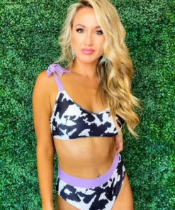 Sylon Fashion Co, Ltd New Arrivals Bikini Top Black Cow Print With Purple