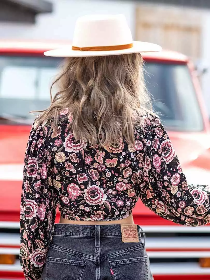 D & J Industies Co., LTD. Got You Wrapped Crop Top - Black Floral New Arrivals