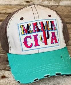 Southern Grace Mamacita Serape Patch Turquoise Beige And Brown Distressed Hat New Arrivals