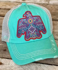 Southern Grace Aztec Thunderbird Turquoise Distressed Beige Mesh Hat New Arrivals