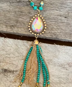Southern Grace New Arrivals Shine So Bright Iridescent Oval Gold Crystal Turquoise Beaded Necklace