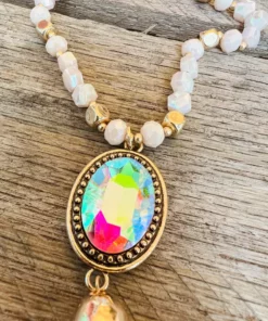 Southern Grace Crash My Party Iridescent Oval Crystal Beaded Gold Chain Necklace