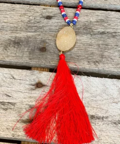 Southern Grace Good Times Red Tassel Mixed With Tan Lines And Rose Gold Beaded Necklace New Arrivals