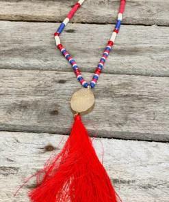 Southern Grace Good Times Red Tassel Mixed With Tan Lines And Rose Gold Beaded Necklace New Arrivals