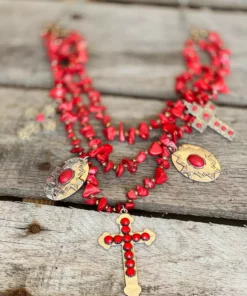 Southern Grace Red Beaded Necklace With Silver & Copper Crosses