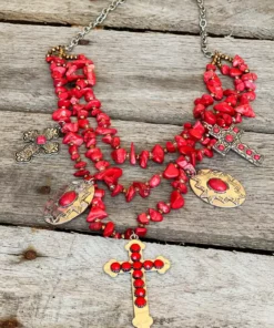 Southern Grace Red Beaded Necklace With Silver & Copper Crosses