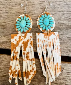 Southern Grace Rodeo Sweetheart Turquoise Cowhide Fringe Earrings