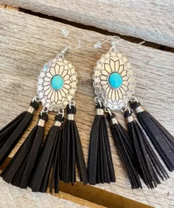 Southern Grace Cowgirl Turquoise Black Tassels Earrings