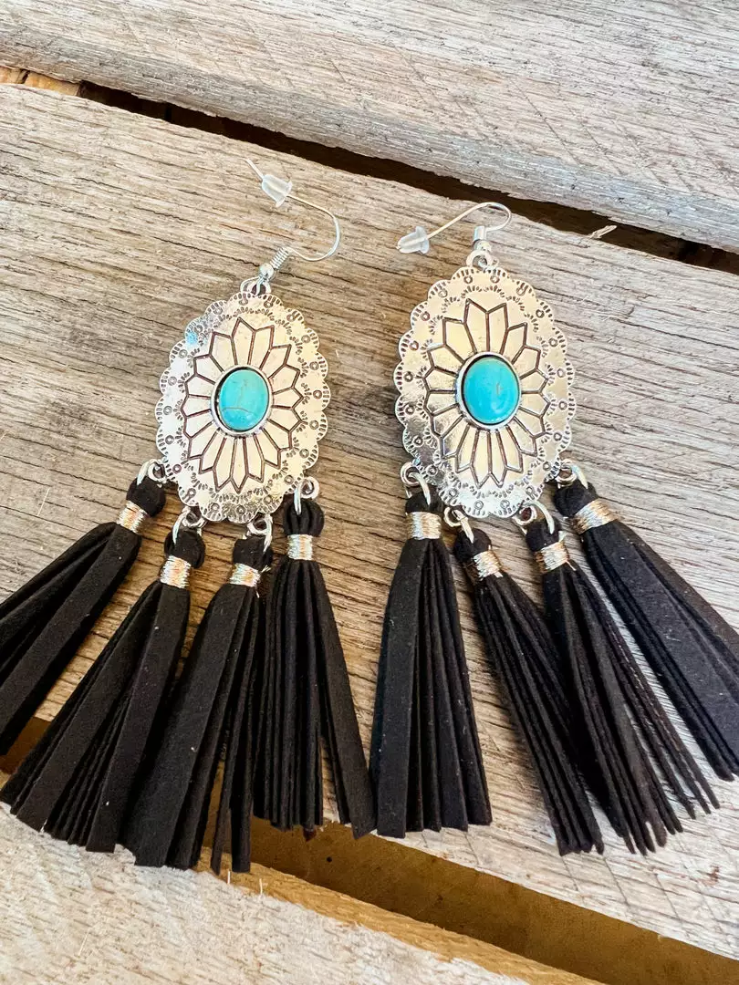 Southern Grace Cowgirl Turquoise Black Tassels Earrings